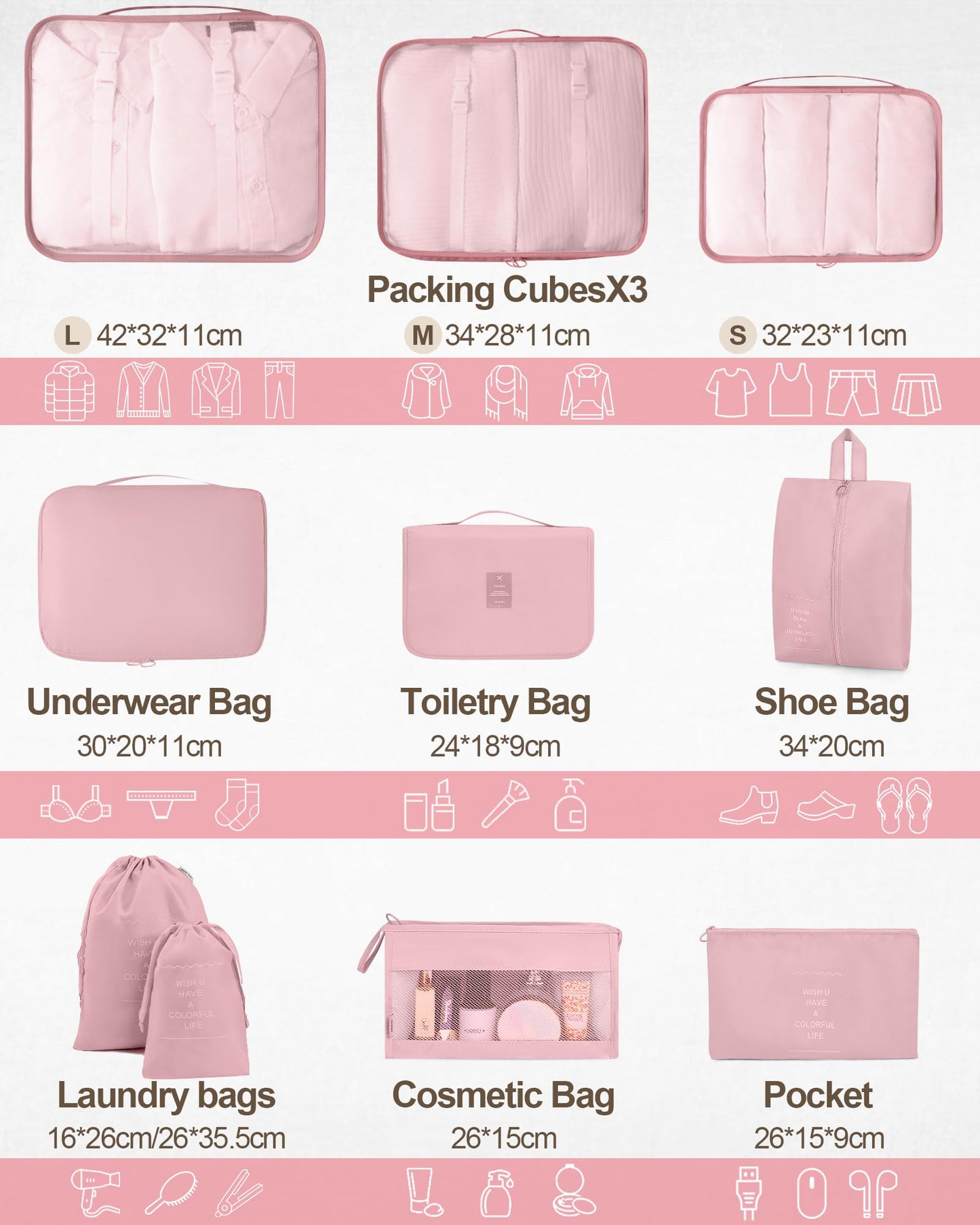TRMFUSA Packing Cubes 10 PCS, Mesh Breathable Luggage Organizers Bags, Packing Organizers, Durable Travel Essentials Bags Set, Travel Packing Organizers,Pink
