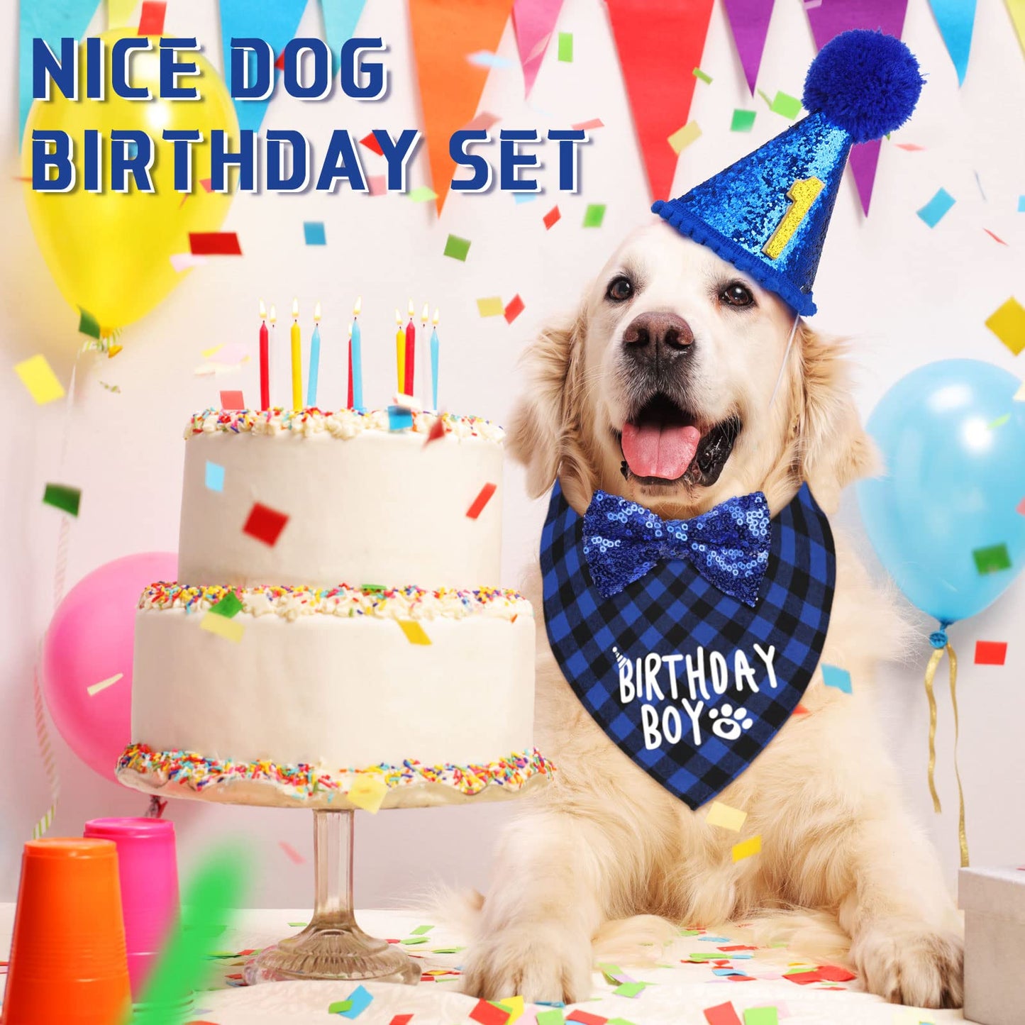 Weewooday Dog Birthday Party Supplies Birthday Boy Girl Cake Bandana Triangle Scarf Party Hat Dog Bow Tie Collar with Numbers for Large Medium Small Dog Puppy 1st Birthday(Elegant Style,Medium)