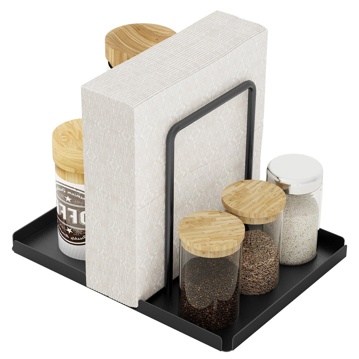 LSK Napkin Holder, Metal Napkin Holder for Table with Salt and Pepper Shakers Caddy, Napkin Storage Dispenser for Kitchen Dinner Table and Picnic Decors, Black