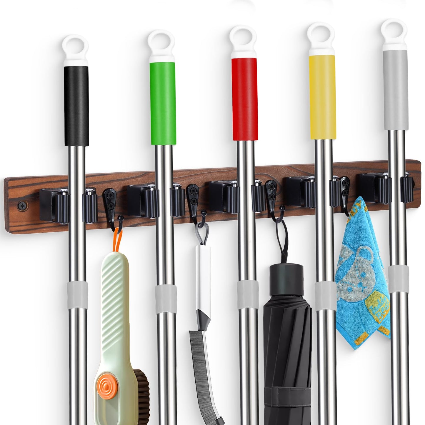 Broom Holder Wall Mount With 5 Slots & 4 Hooks,Rustic Wood Broom & Mop Hanger,Wall Mounted Garden & Garage Tool Storage Organizer Rack for Closet Laundry Room or Kitchen Wall Decor
