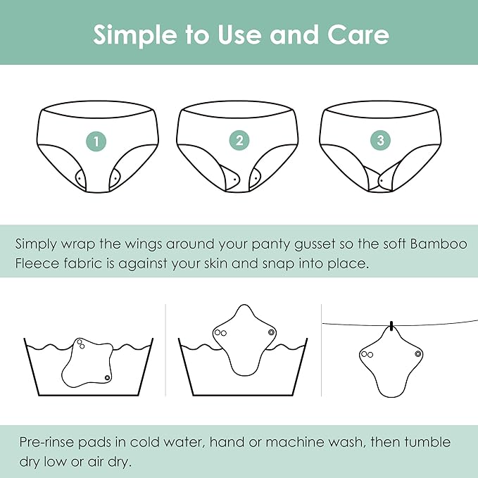wegreeco 6 Pcs Reusable Menstrual Pads, Ultra Absorbent Cloth Pads for Heavy Flow, Sanitary for Teens, Women, Nonslip Panty Liners + Bag (Aqua, Burgundy, Coffee, M)