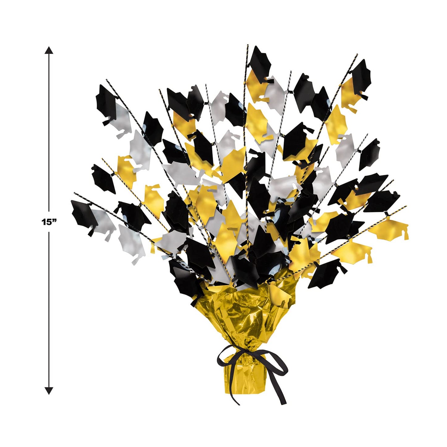 Beistle 2-Pack Metallic Gleam ’N Burst Centerpiece, Black/Gold/Silver Table Decor for Graduation Party with Mini Grad Caps, Tableware Decorations, 15"