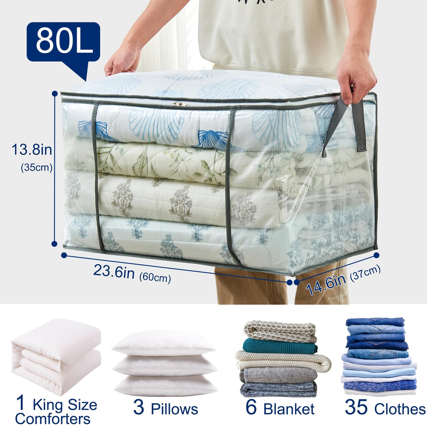 MKOKYD 80L Clear Large Storage Bag, Clothes Storage Containers for Organizing Closet, Bedroom, Underbed, Comforters, Clothing, Blankets, Pillow, Foldable Organizer with Sturdy Handle and Zippers (3)