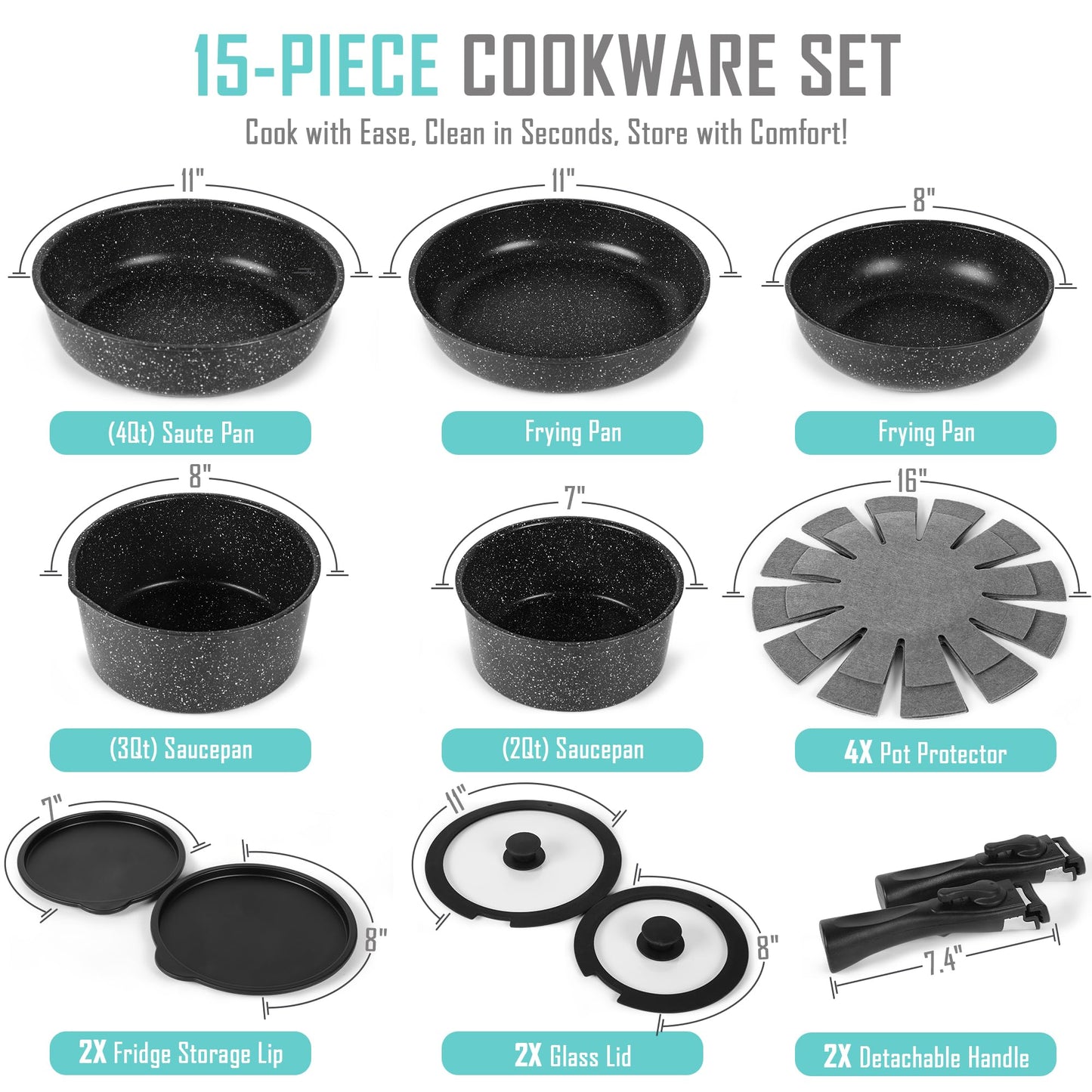 15-Piece Premium Nonstick Cookware Set β Marble Coated Pots & Pans (Interior & Exterior), Removable Handle, Space-Saving for RVs & Small Kitchens, Induction & Oven Safe, PFOA-Free