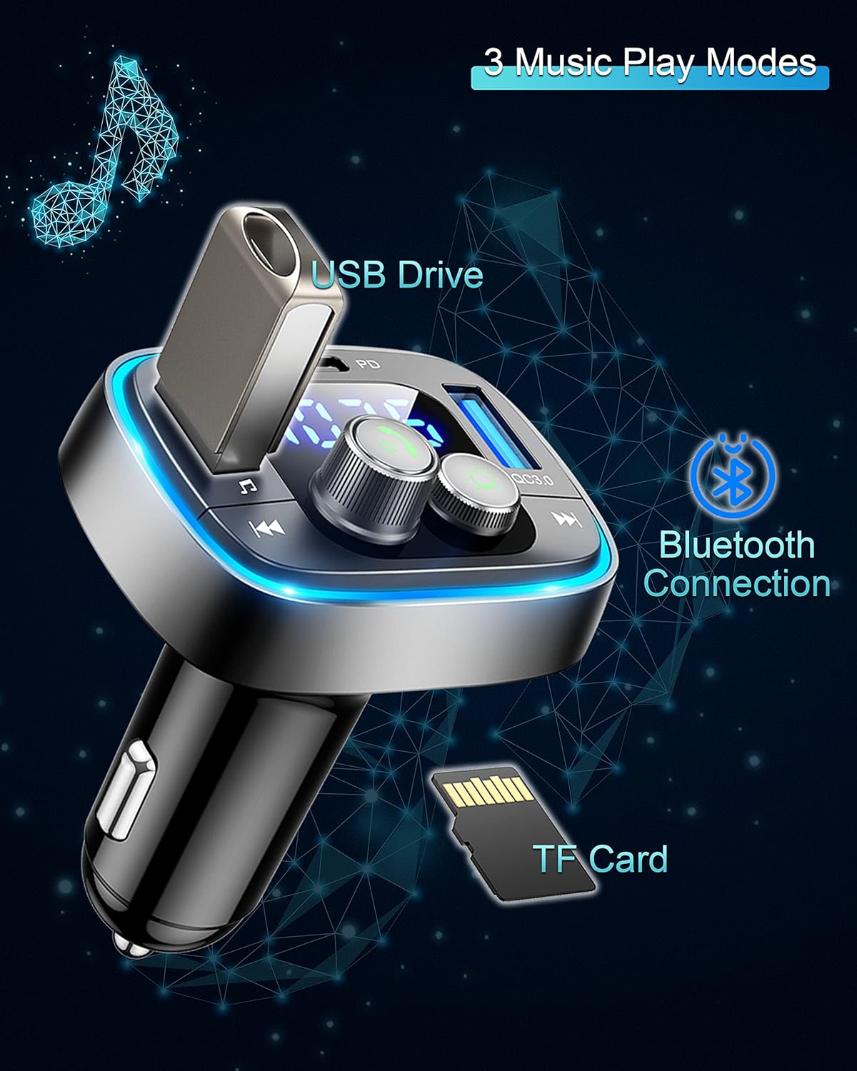 LIHAN USB C Bluetooth Adapter for Car, AUX Wireless FM Radio Transmitter, Handsfree Calling & Audio Receiver, MP3 Music Player, QC3.0 & Type-C PD USB Charger,7 Colors LED Backlit