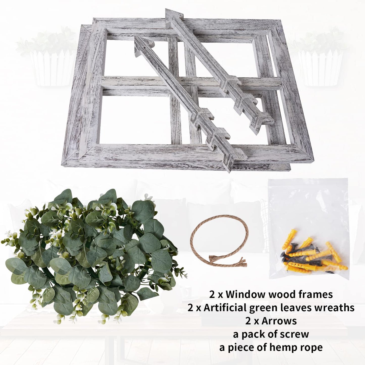 WAKOSAN Rustic Wood Window Frame with Green Wreath and Arrows Wall Decor,Farmhouse Window Frame Wall Decor, Wooden Fake Window Decoration,Window Pane Wall Decor,Set of 2 (White)