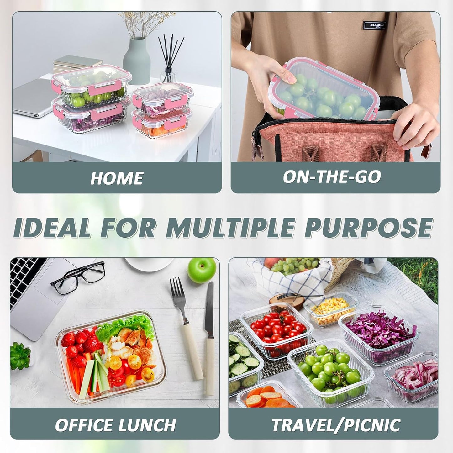 KOMUEE 10 Packs Glass Meal Prep Containers with Lids, Glass Food Storage Containers Set, Airtight Lunch Containers, Microwave, Oven, Freezer and Dishwasher Safe, Pink