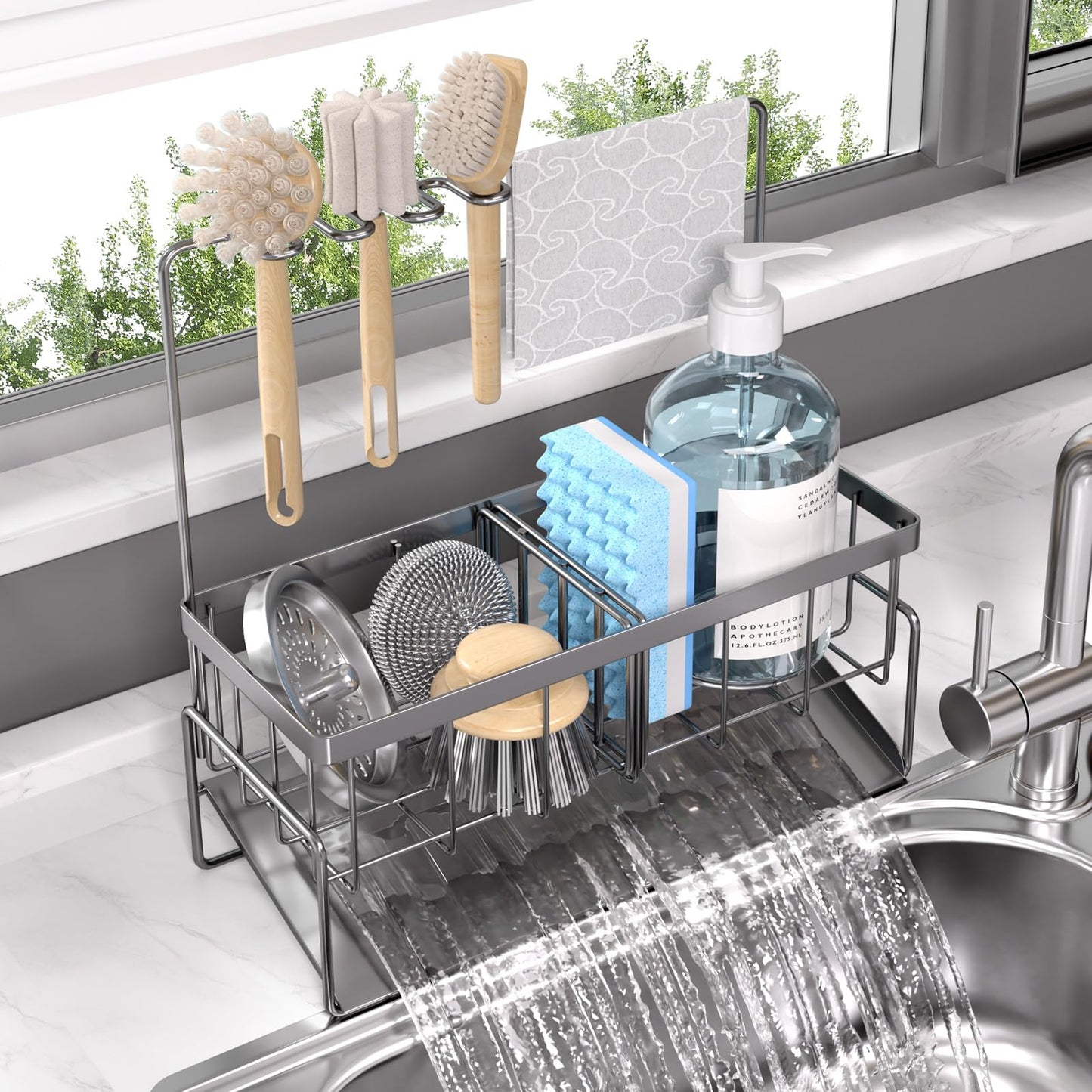 NET MEYA Sponge Holder for Kitchen Sink,Stainless Steel Sink Caddy with Brush Holder and Dishcloth Holder,Kitchen Countertop Soap Dispenser Organizer