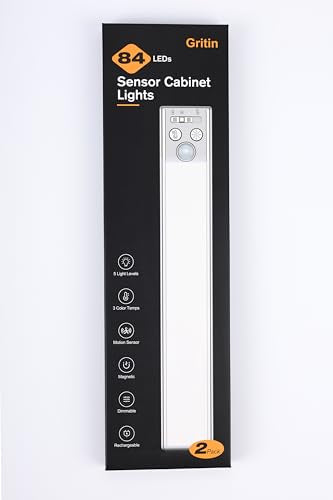 Gritin 10.2inch Under Cabinet Lighting Rechargeable -84 LED Super Bright,3-Color& 5 Level Brightness,4 Modes,Motion Sensor, Long Lasting- Easy Installation Magnetic Under Cabinet Closet Lights -2 Pack