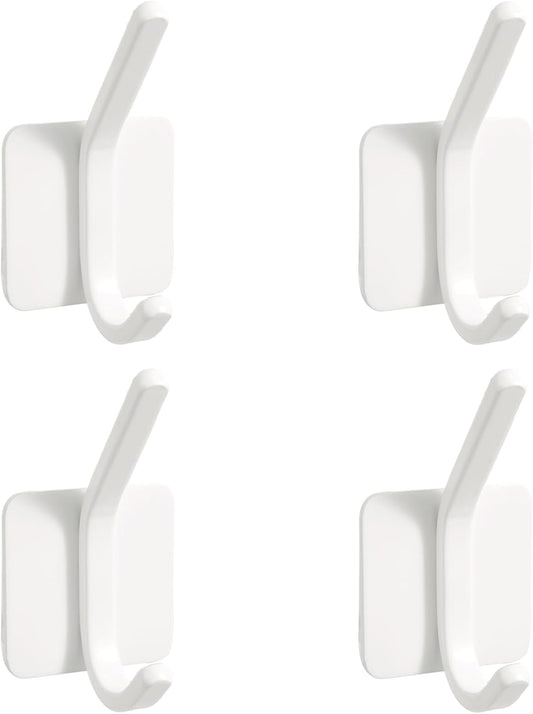 Aluminum Wall Hooks, No Drill Damage-Free Adhesive Hook, Product for Hanging Heavy Duty for Bathroom Kitchen Home (Double Square White Hook, 4)