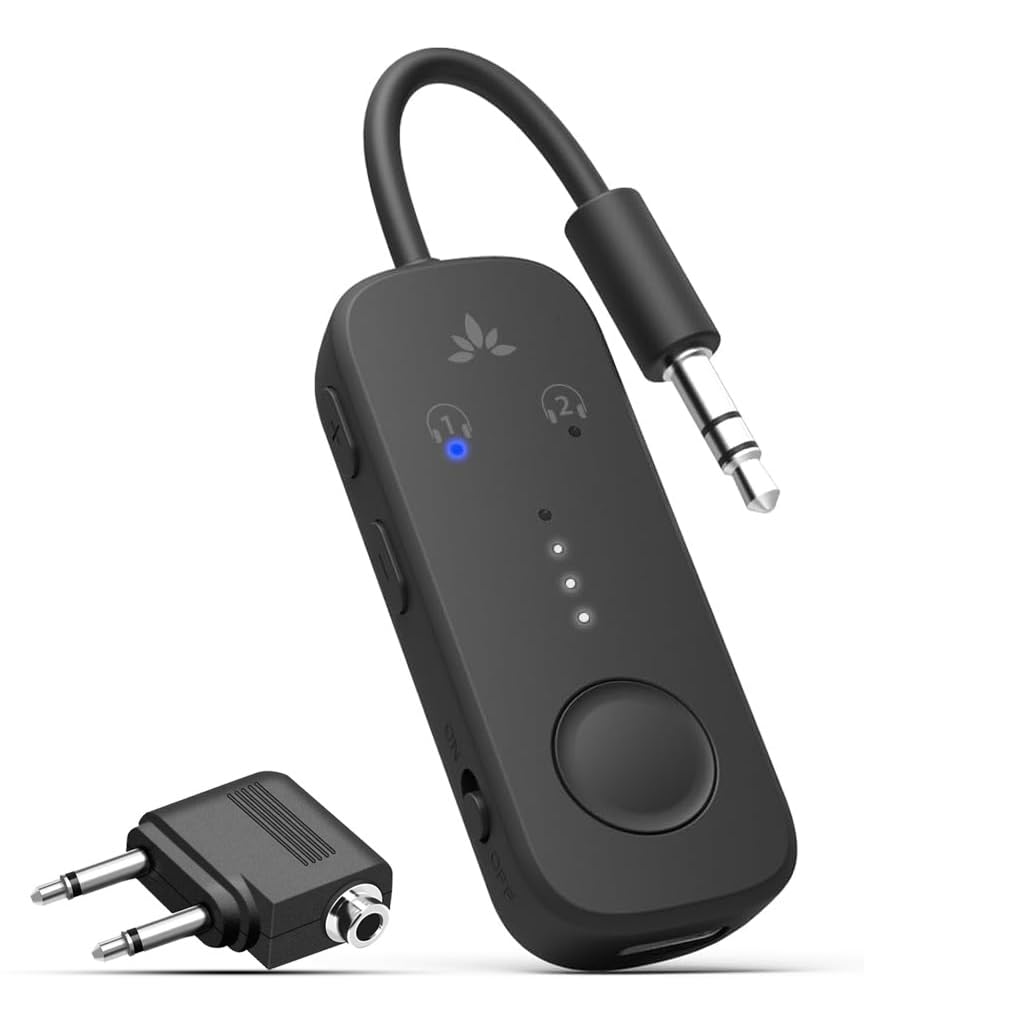 Avantree Relay - Airplane Bluetooth 5.3 Adapter with Qualcomm aptX Adaptive, Supports 2 AirPods or Headphones, 20Hr Playtime, 3.5mm AUX Wireless Audio Transmitter for Travel Flight, Airline, Gym