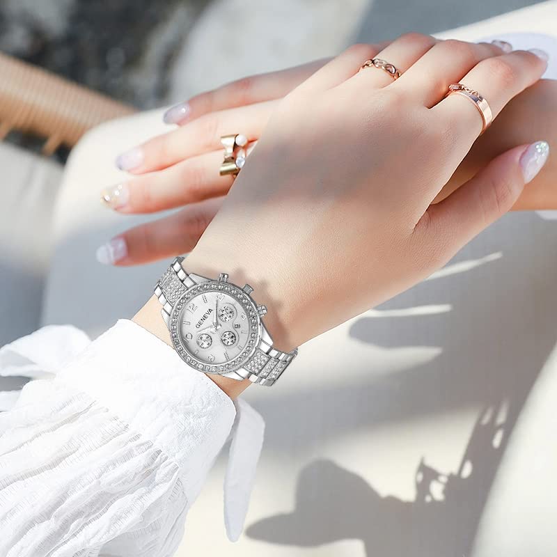 Gosasa Luxury Unisex Crystal Diamond Watches Quartz Digital Calendar Rose Gold Silver Stainless Steel Watch (Silver)