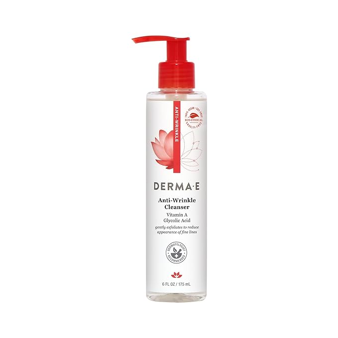 Derma E Anti-Wrinkle Cleanser – Anti-Aging Face Wash with Glycolic Acid and Vitamin A – Gentle Cleansing and Exfoliating Facial Wash Removes Makeup, Oil and Impurities, 6 oz