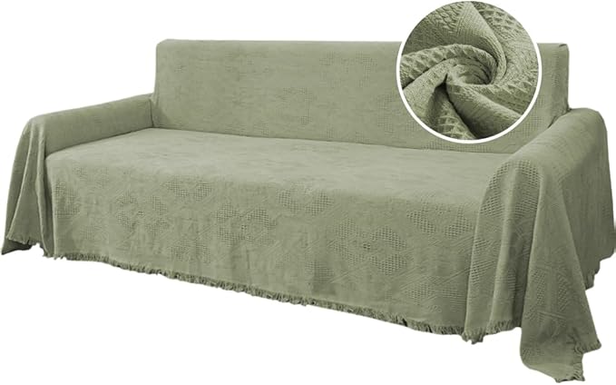 H.VERSAILTEX Cotton Sofa Covers Couch Cover Sofa Slipcover for Most Shape Sofas, Feature Thick Woven Jacquard Seamless with Tassels, Multi-Use Decorative for Couch (XX-Large: 91" x 134", Sage)