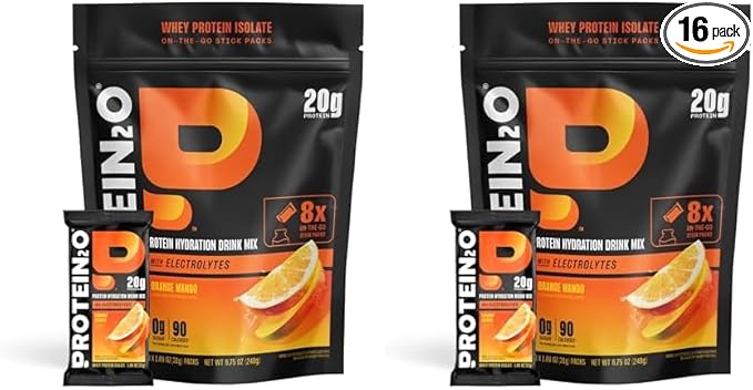 Protein2o 20g Whey Protein Isolate Clear Protein Powder, 370mg of Electrolytes, Vitamins B5 & B6, Sugar Free, Orange Mango, 16-Pack