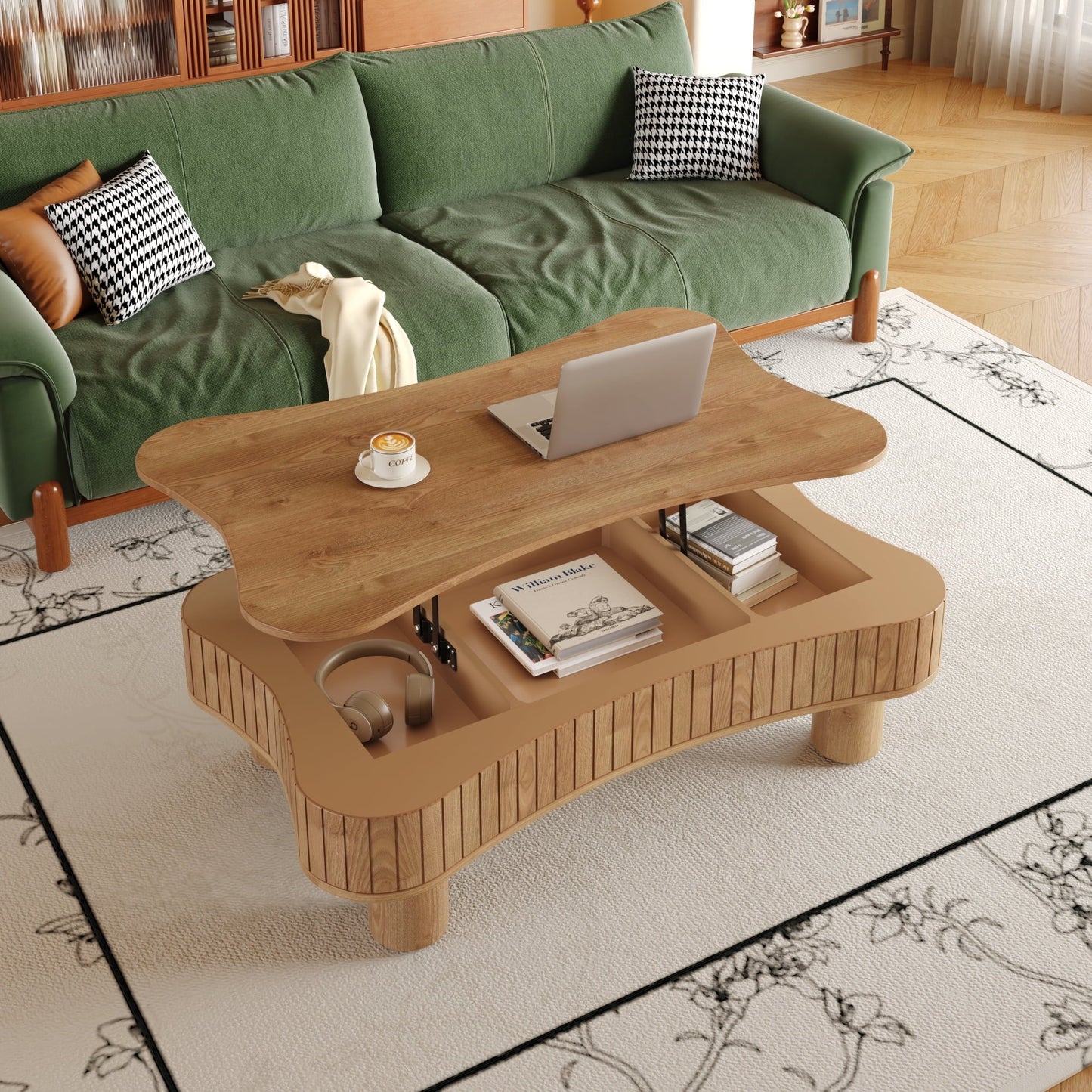 Lift Top Coffee Table for Living Room 42" - Fluted Panel Hidden Storage, Silent Hydraulic Lift, Curved Safety Corners, 5 Min Assembly (27"W X 13-18.9"H, Light Brown)