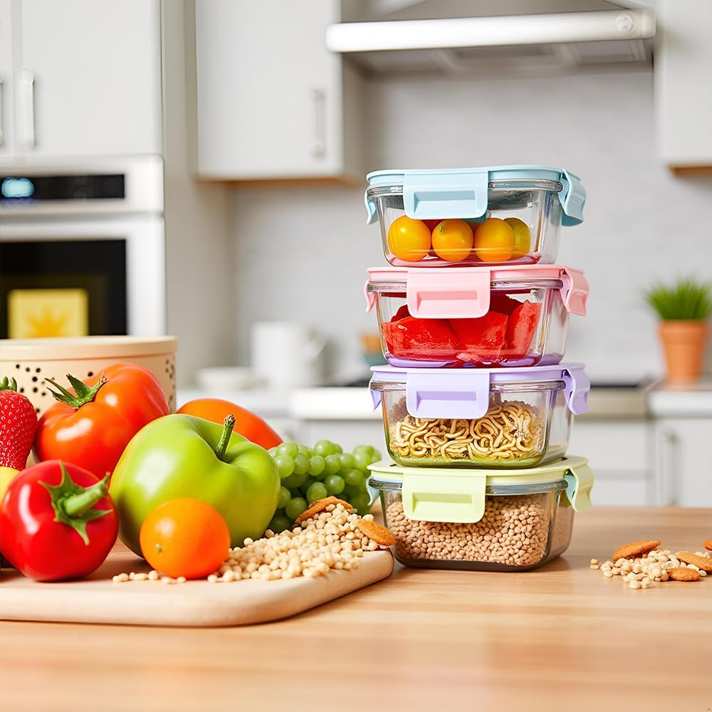 Square Glass Food storage Containers with Airtight Lids, 2 cup Food Meal Prep Containers, Square Glass Bowl For Lunch Sandwich Fruit Snack, Dishwasher Microwave Freezer Safe- (Pink+Green)