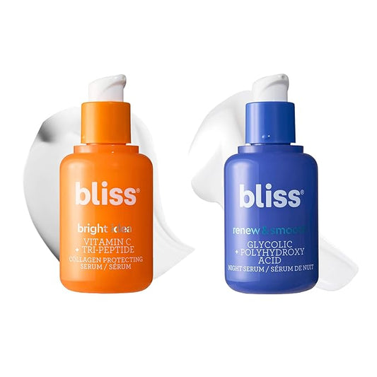 Bliss Vitamin C Bright Idea + Glycolic Acid Renew & Smooth Day and Night Serum Duo | Anti-Aging and Brightening Face Serums Duo for Bright, Smooth & Firm Skin | Vegan, Clean & Cruelty-Free | 2x1 Fl Oz
