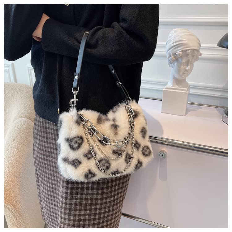 2022 New Leopard Print Plush Shoulder Cross-body Bag Fashion Chain One-shoulder Armpit Tote Y2K Purse Hobo Bag (Khaki)