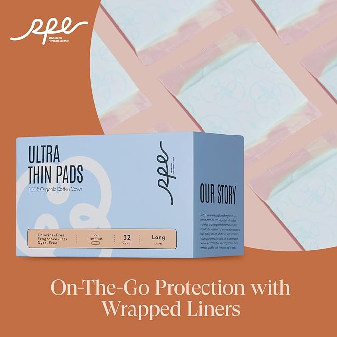 100% Organic Long Panty Liners for Women Long, Ultra Thin Cotton Cover, Long Pantiliners, Light Absorbency, Unscented Barely There Pantie Liners, Individually Wrapped (Long Liner, Size 2, 32ct)