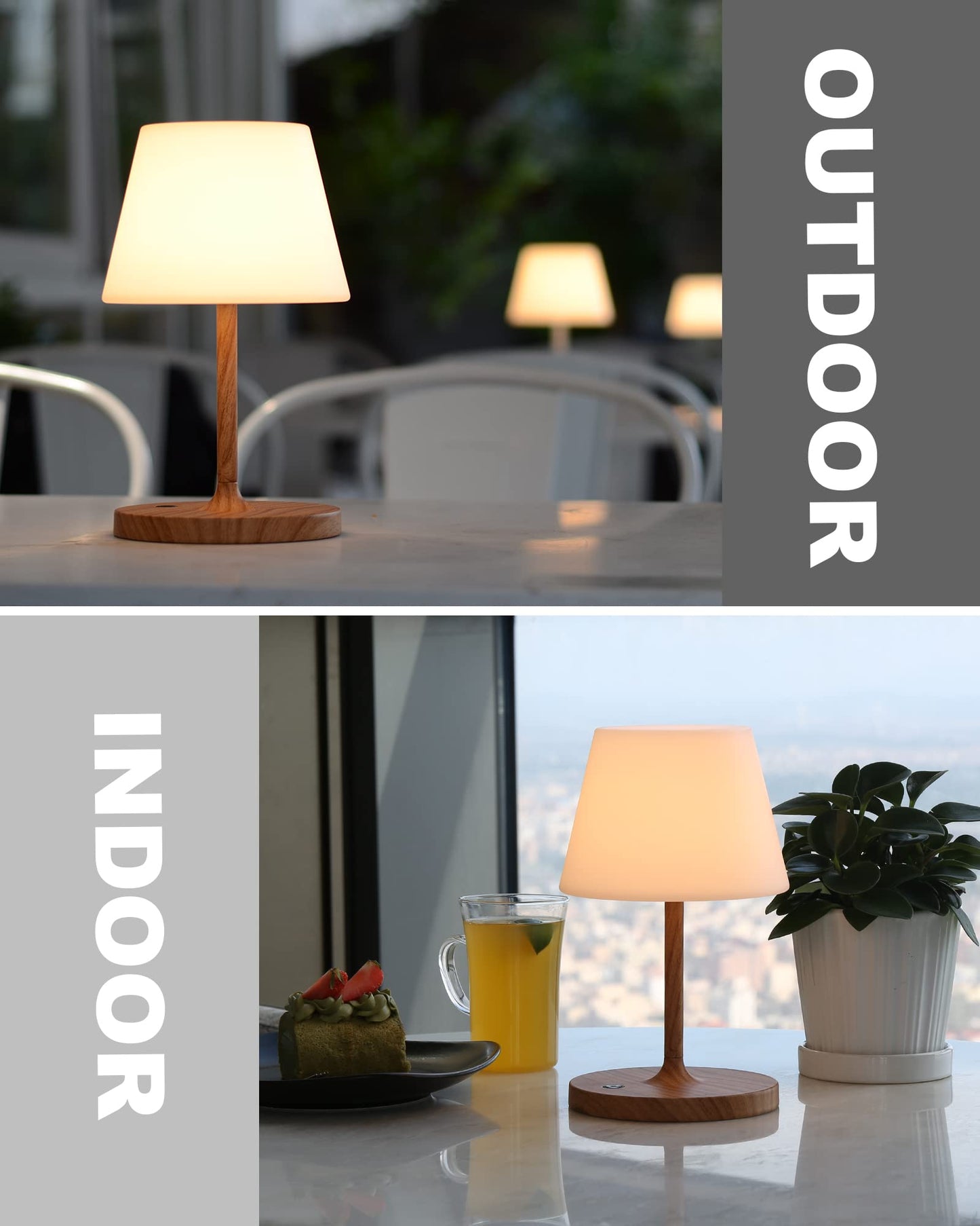WEILAILUX Outdoor Battery Operated Table Lamp Waterproof, 4000mAh Cordless Rechargeable, Touch Dimmable Desk Lamp, LED Night Light for Patio Camping Restaurant Home, H9.6in, Wood Grain