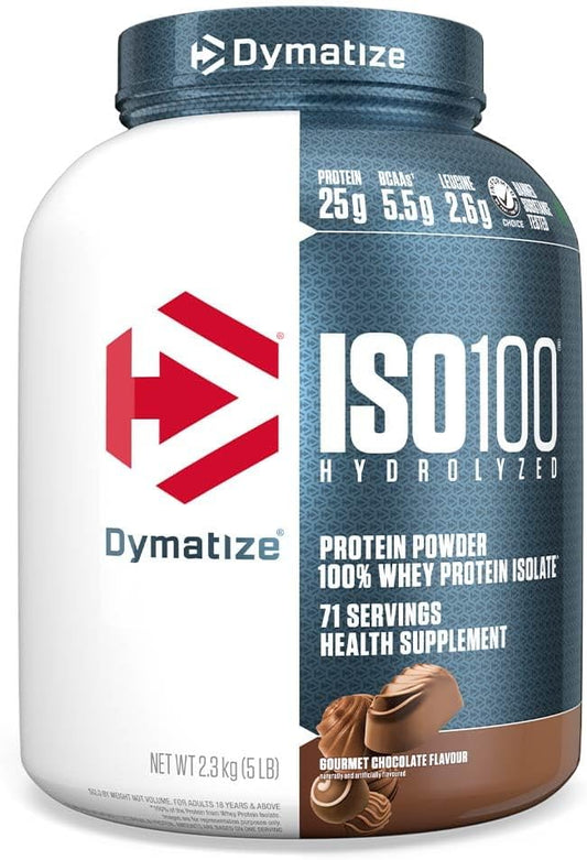 Dymatize ISO100 Whey Protein Powder Isolate, Gourmet Chocolate, 25g of Protein, 5 Pound, 5.5g BCAAs, Less Than 120 Cal., Gluten Free, 1g Fat, 1g Sugar, 2g Carb