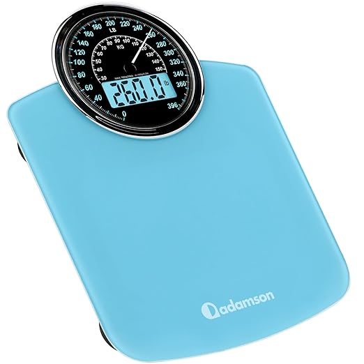 Adamson Hybrid 2-in-1 Analog & Digital Weighing Scale for Body Weight up to 400lbs + Thick Tempered Glass + Extra Large Display + Easy to Read Digital Bathroom Scale + New - Light Blue