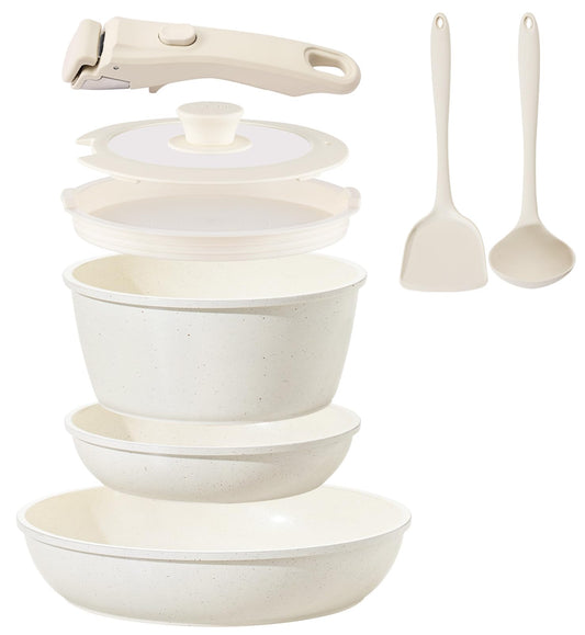 Ceramic Cookware Set Non Stick 8Pcs Pots and Pans Set Detachable Handle Induction Kitchen Cooking Set with Frying Pans Oven Dishwasher Safe, PFAS/PFOA Free, Cream White
