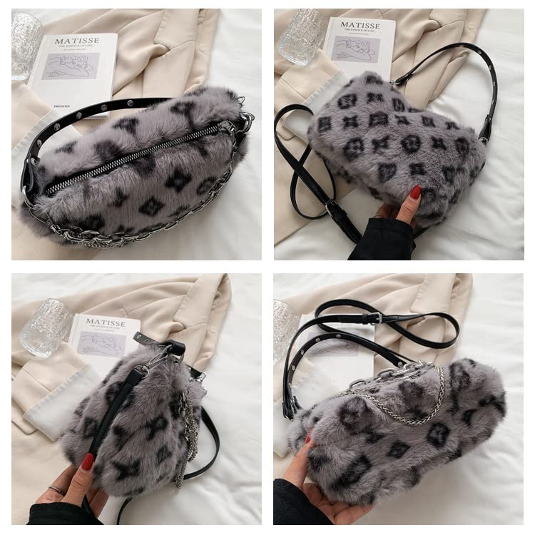 2022 New Leopard Print Plush Shoulder Cross-body Bag Fashion Chain One-shoulder Armpit Tote Y2K Purse Hobo Bag (Khaki)