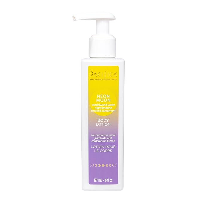 Pacifica Neon Moon Body Lotion – Alluring Sandalwood, Jasmine & Cardamom Scent, Lightweight Hydrating Lotion with Shea Butter & Avocado Oil, Nourishing Non-Greasy Moisturizer, Vegan & Cruelty-Free