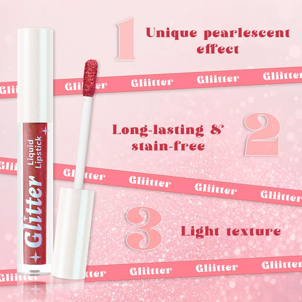 Orange Red Metallic Lipstick for Women,Lightweight Glitter Sparkling Liquid Lipsticks,Shimmer Lip Gloss Stain Long Lasting Waterproof Smudge Proof Non-Drying 24 Hour Full Coverage Lip Makeup,Vegan