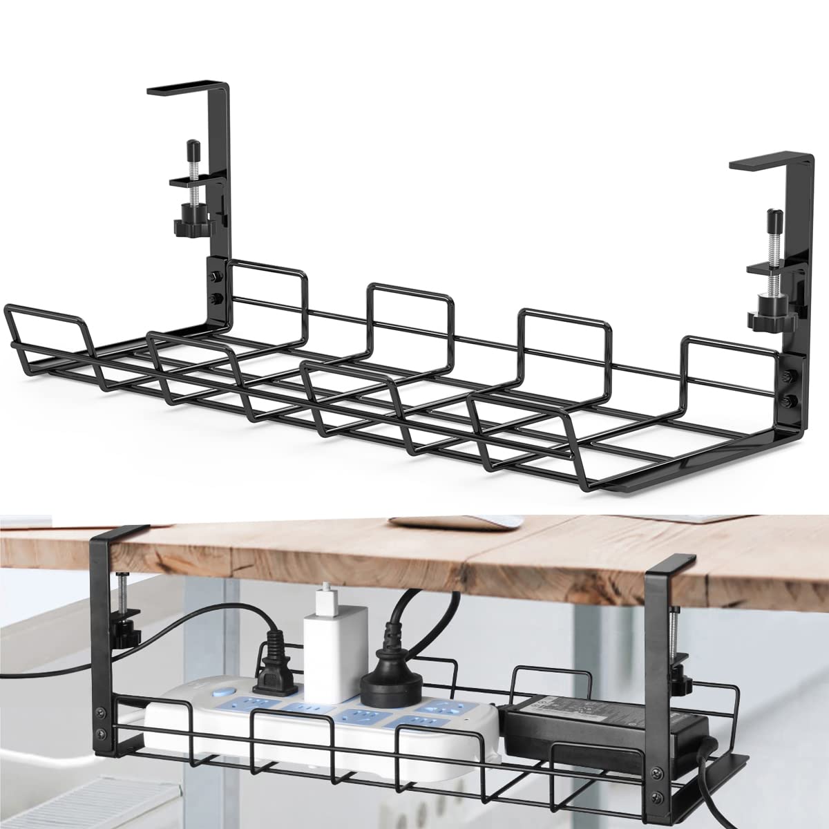No Drill Under Desk Cable Management Tray, Sturdy Metal Wire Organizer for Office and Home Standing Desk