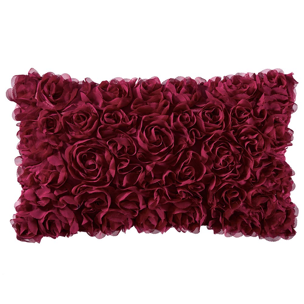 MIULEE 3D Decorative Romantic Valentines Stereo Chiffon Rose Flower Throw Pillow Cover Solid Pillowcase for Girl Women Wedding Sofa Bedroom Car Decor 12x20 Inch 30x50cm Wine Red