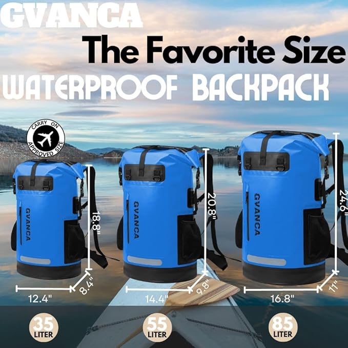 Waterproof Roll Top Kayak Dry Backpack, Floating Outdoor Dry Sack Boating Sailing Canoeing Rafting Fishing Camping 55L Blue