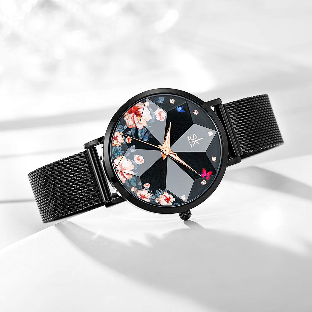 SHENGKE Creative Starry Star Women Watch with Stainless Steel Mesh Band Genuine Leather Elegant Luxury Ladies Watches (Flower-Mesh Band-Black)
