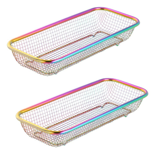 BYEGOU Silverware Drawer Organizer, Rainbow Mesh Kitchen Drawer Organizers, Iridescent Stackable Storage Basket Metal Utensil Holder for Flatware, 12.5"x5"x2.5", Pack of 2