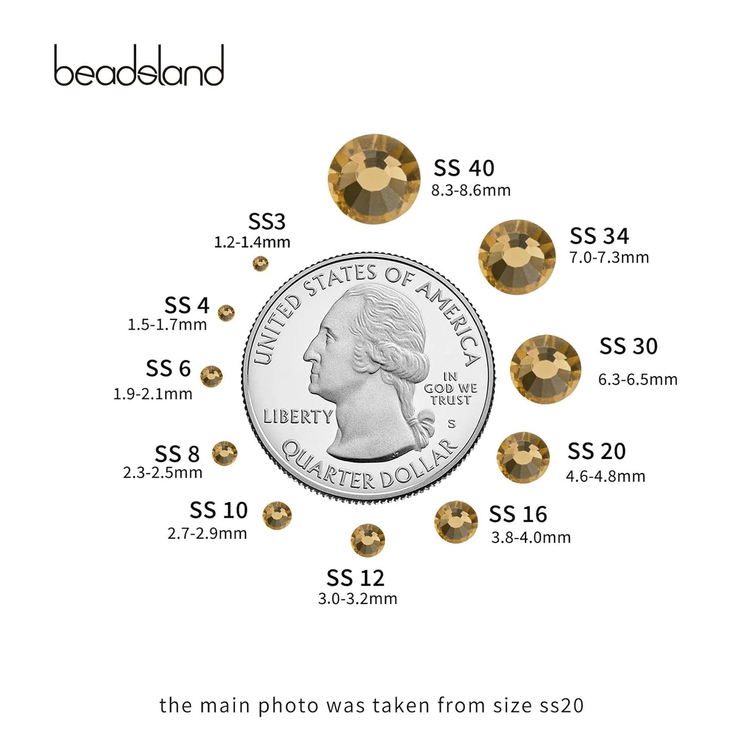 Beadsland 1440 Pieces Flat Back Crystal Rhinestones Round Gems,1.3mm-6.5mm, Lt Colorado Topaz,SS20,4.6-4.8mm