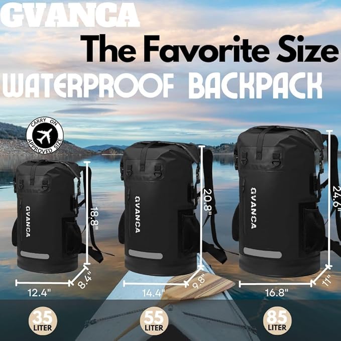 Waterproof Roll Top Kayak Dry Backpack, Floating Outdoor Dry Sack Boating Sailing Canoeing Rafting Fishing Camping 35L Black