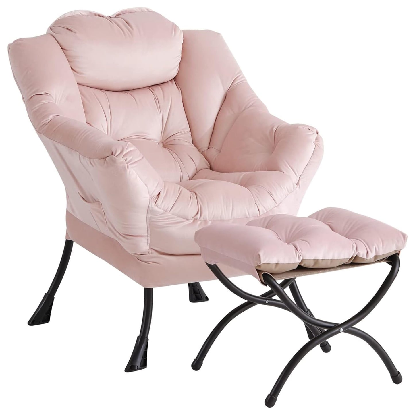 IDEALHOUSE Lazy Chair with Ottoman, Large Lounge Accent Chair, Comfy Armchair with Folding Footrest,Reading Armchair with Side Pocket for Living Room, Bedroom, Dorm & Office (1 Set, Velvet Pink)