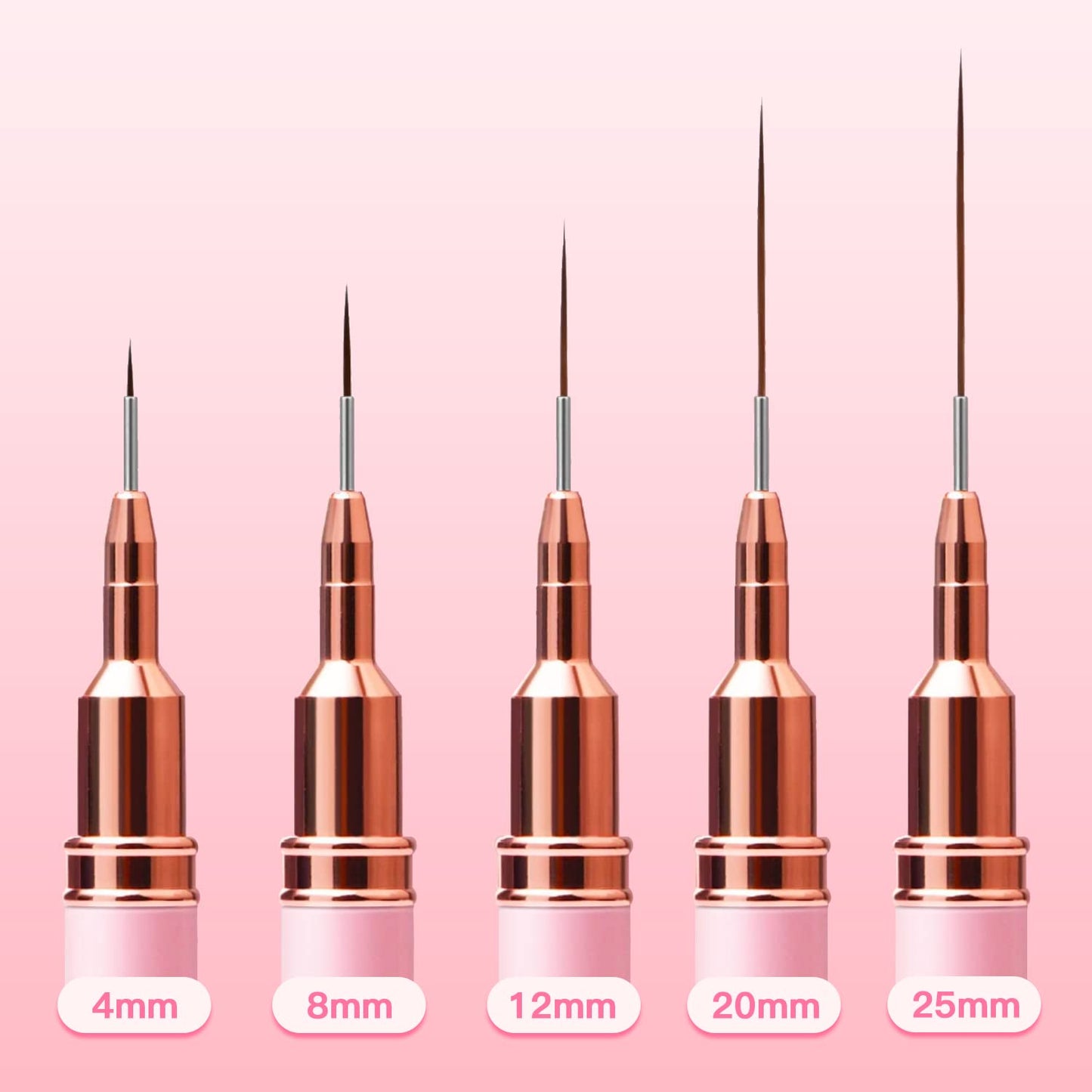 Metallic Nail Art Brushes, 5Pcs Liner Brush Set, UV Gel Polish Painting Art Design Pen for Long Lines, Thin Details, Fine Drawing Sizes 4/8/12/20/25mm(Pink)