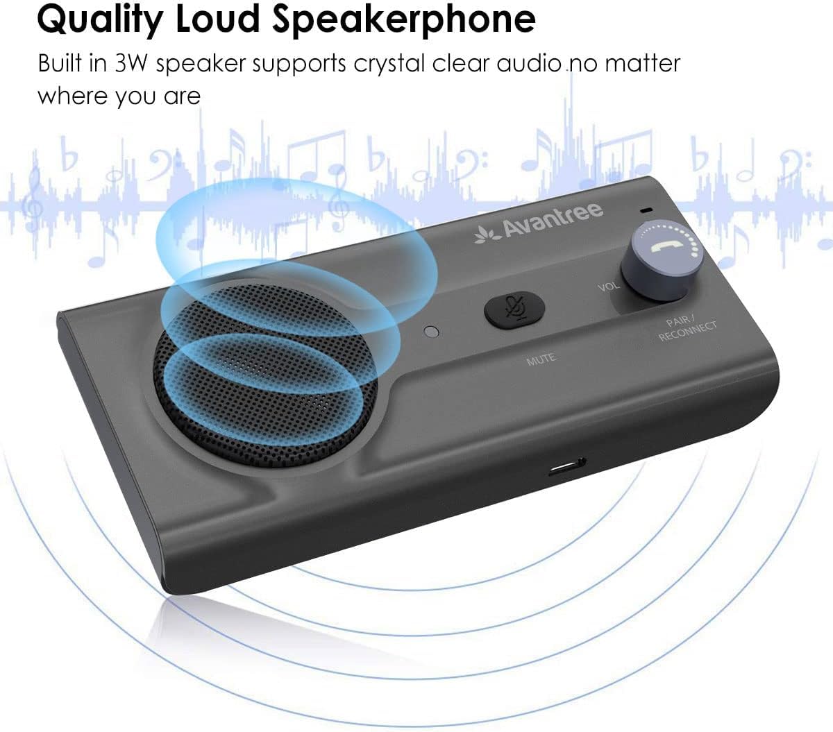 Avantree CK11 Hands Free Bluetooth 5.0 Car Kits, 3W Loud Speakerphone, Support Siri Assistant & Motion Auto On Off, Volume Knob, Wireless in Car Handsfree Speaker with Visor Clip - Titannium