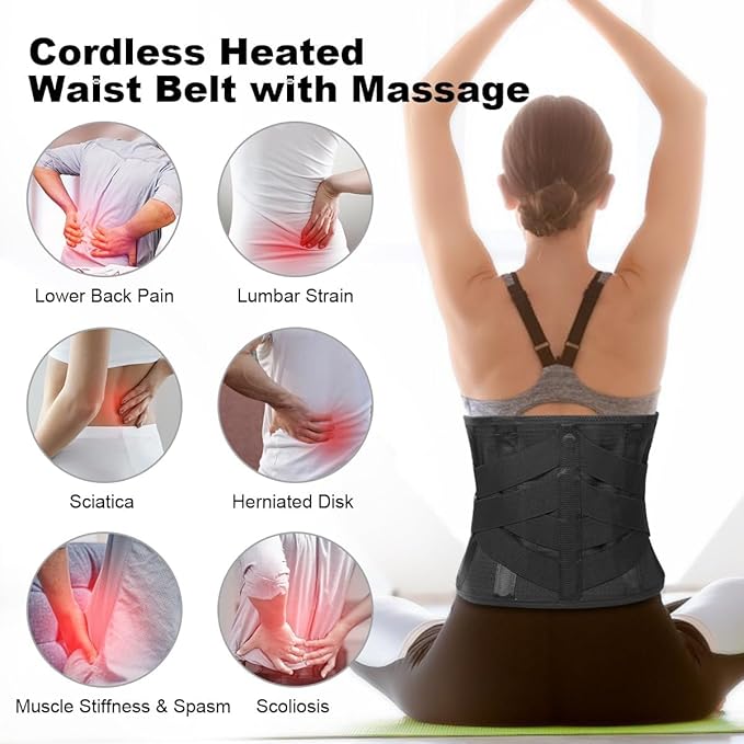 Cordless Heating Pad Back Massager Brace for Lower Back Pain Relief, Heated Back Brace Vibration Wrap with Rechargeable Battery, Warmer Lumbar Support Belt with Massage for Cramps (L)