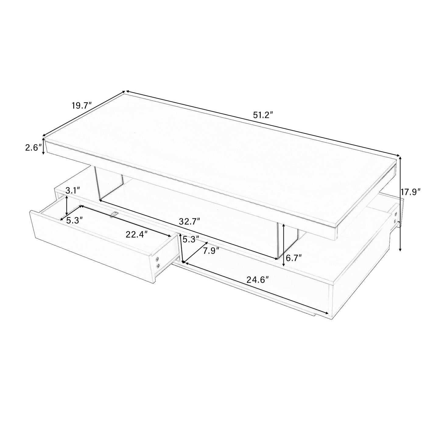 LUMISOL High Gloss Coffee Table with 16 Colors LED Lights, UV Cocktail Table with 2 Drawers and Display Shelf, Modern Center Table for Living Room, Black