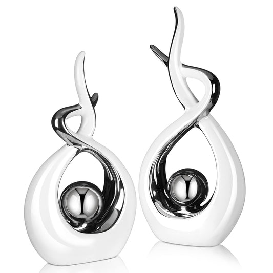 2 Pcs Modern Room Ceramic Decor Center Pieces Table Decorations Ceramic Statue Coffee Table Decor Centerpiece for Home Office Coffee Living Room, 2 Size(White, Silver)