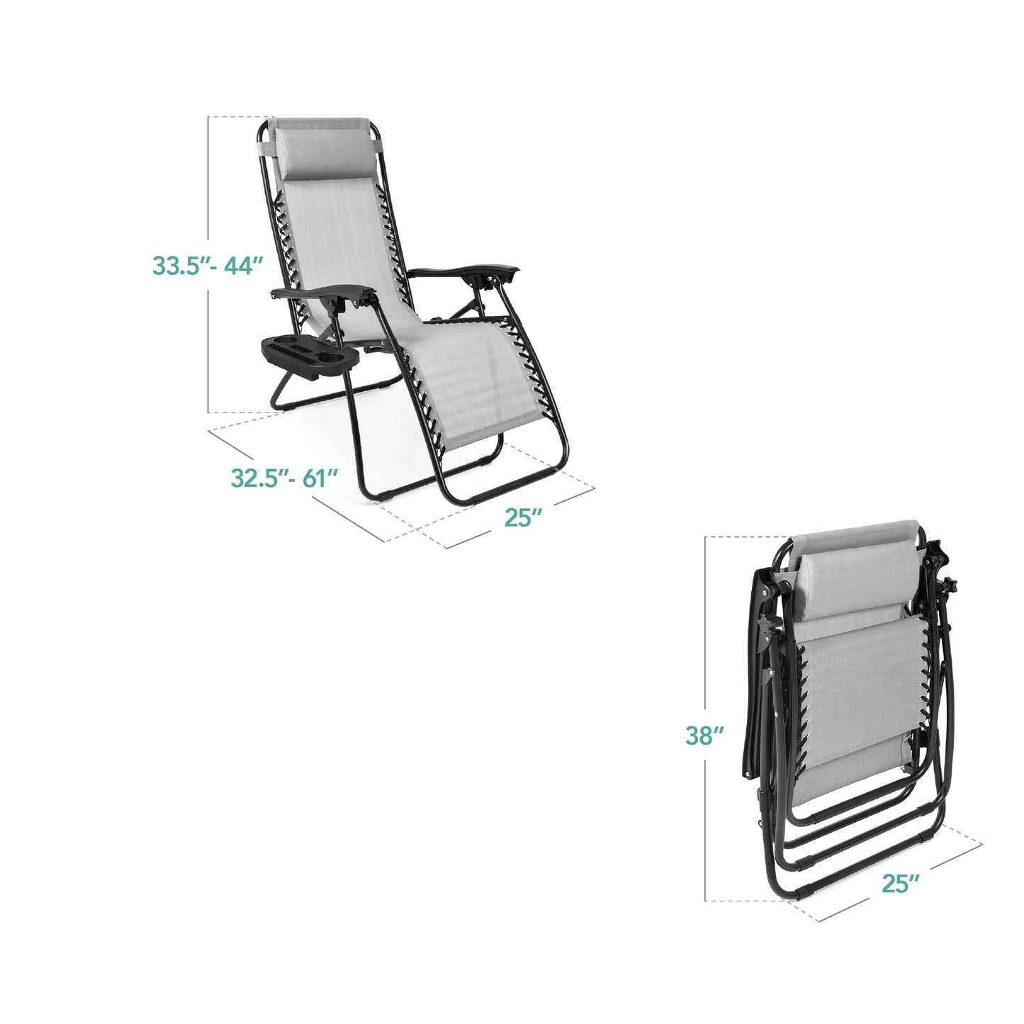 Best Choice Products Set of 2 Adjustable Steel Mesh Zero Gravity Lounge Chair Recliners w/Pillows and Cup Holder Trays - Ice Gray