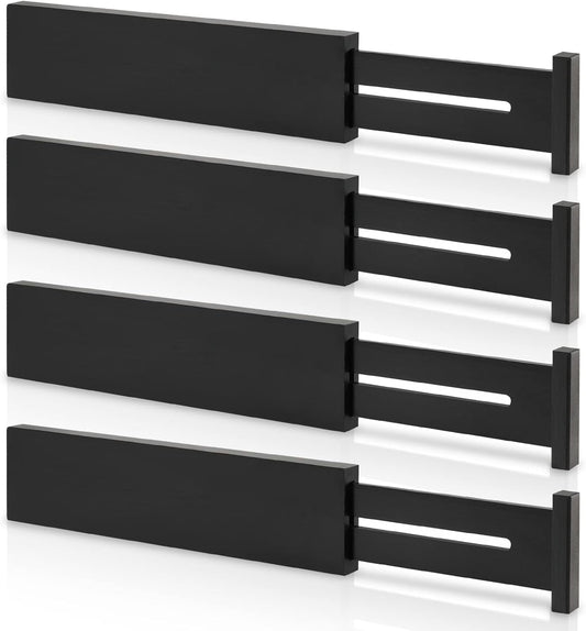 4 Pack Bamboo Drawer Dividers, Adjustable Length from 12 Inch to 17 Inch, Expandable Kitchen Drawer Organizer, Drawer Organization Separators for Clothes, Kitchen, Bedroom, Dresser, Office (Black)