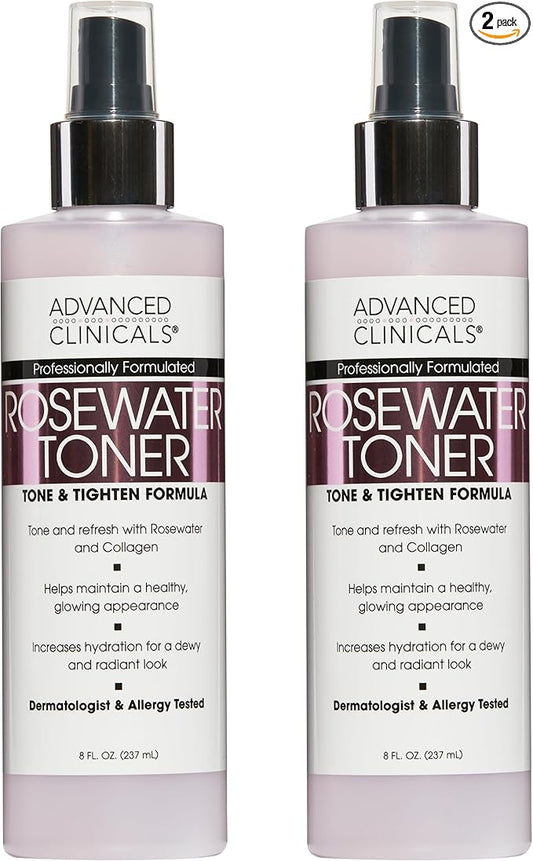 Advanced Clinicals Collagen + Rosewater Facial Mist Toner W/Charcoal & Aloe Vera. Alcohol-Free PH Balancing Formula Detoxifies & Hydrates Skin Improving Overall Skin Tone, Face Mist, 8 Fl Oz, 2-Pack