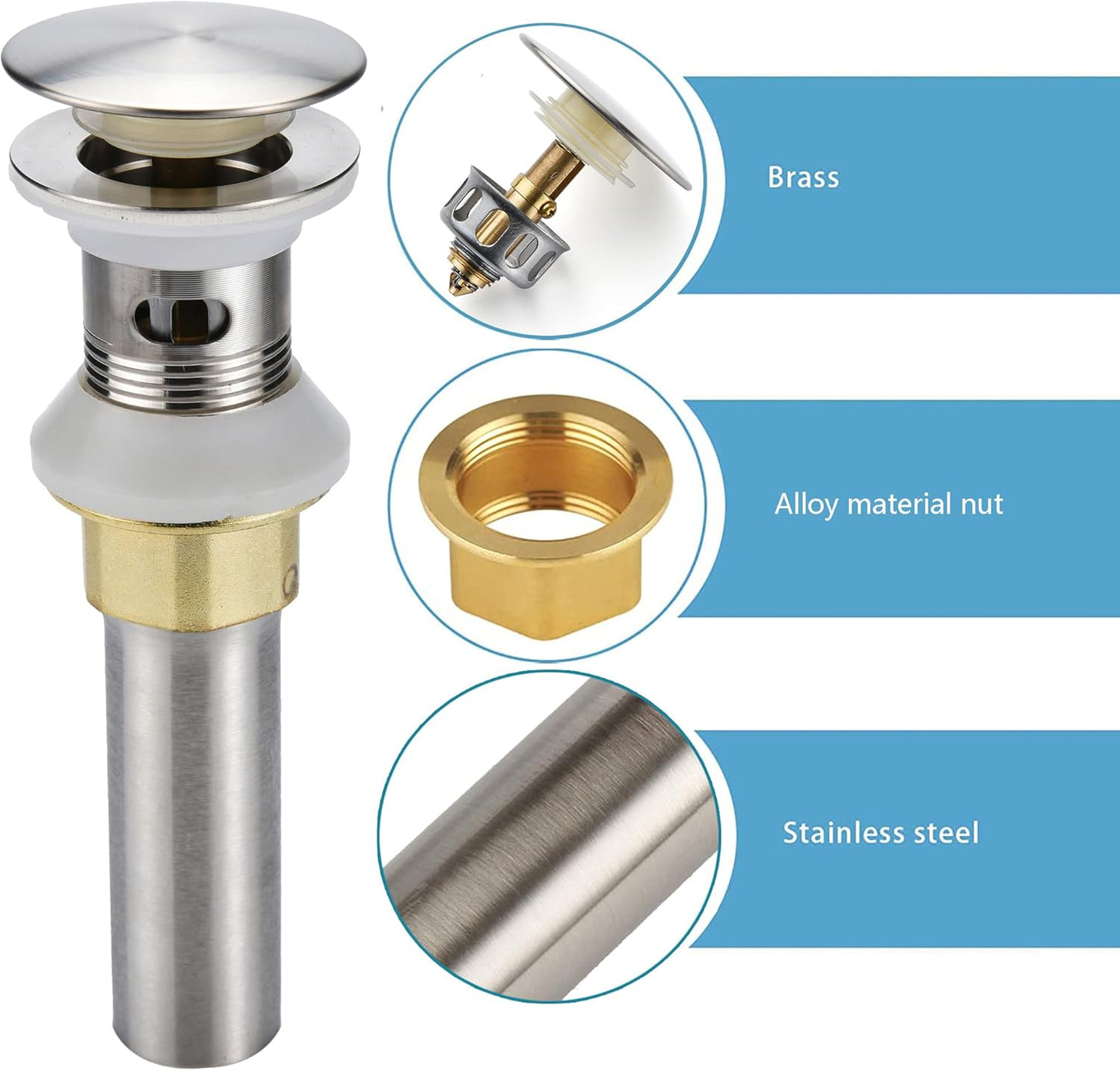 Bathroom Sink Drain,2 Pack Drain Stopper Bathroom Sink with Overflow,Pop Up Drain Assembly with Detachable Strainer Basket,Built-in Anti-Clogging Strainer,Stainless Steel Brushed Nickel