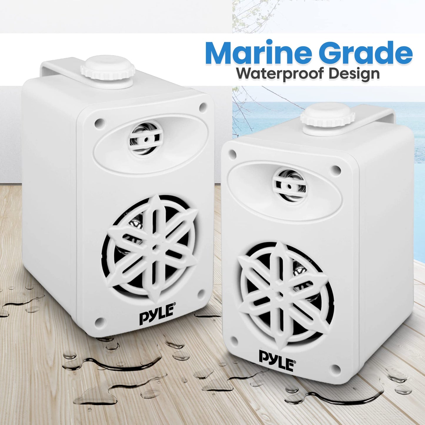 PyleUsa Indoor Outdoor Speakers Pair - 200 Watt Dual Waterproof 3.5” 2-Way Full Range Speaker System w/ 1/2” High Compliance Polymer Tweeter - in-Home, Boat, Deck, Patio, Poolside (White) - PDWR35WT