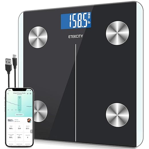 Etekcity Smart Rechargeable Body Fat Scale, Digital Bathroom Scale for Body Weight and Muscle, Accurate Weighing Machine for People Sync with Smartphone App, 400lb, Black